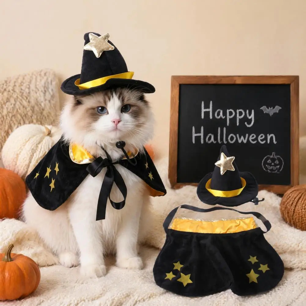 1 Set Halloween Pet Cat Witch Costume Black Cape Wizard Hat Moon Star Cloak for Small Medium Dogs Party Cosplay
