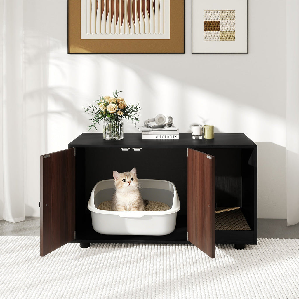 Wooden Cat Litter Box Enclosure Furniture with Scratching Board