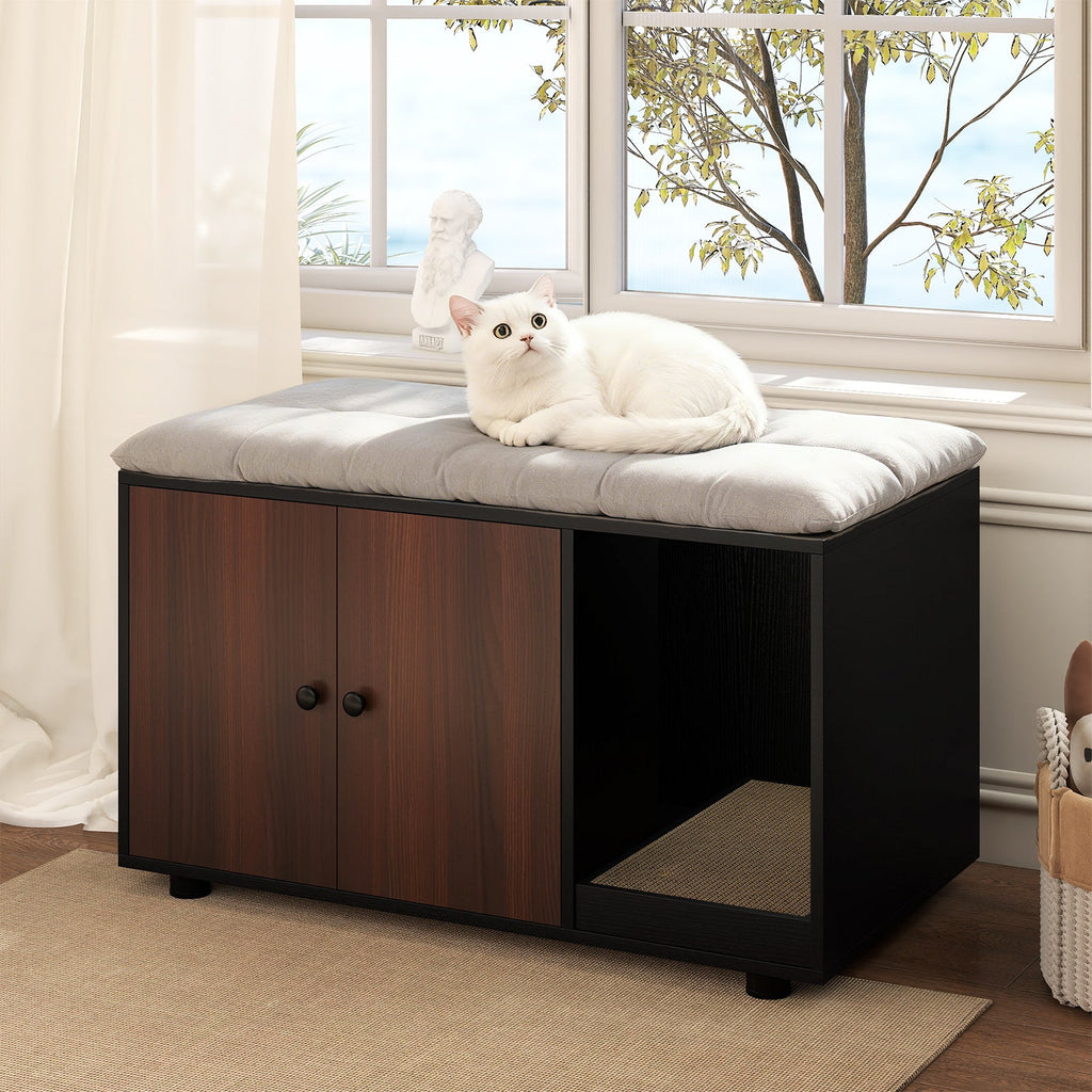 Wooden Cat Litter Box Enclosure Furniture with Scratching Board