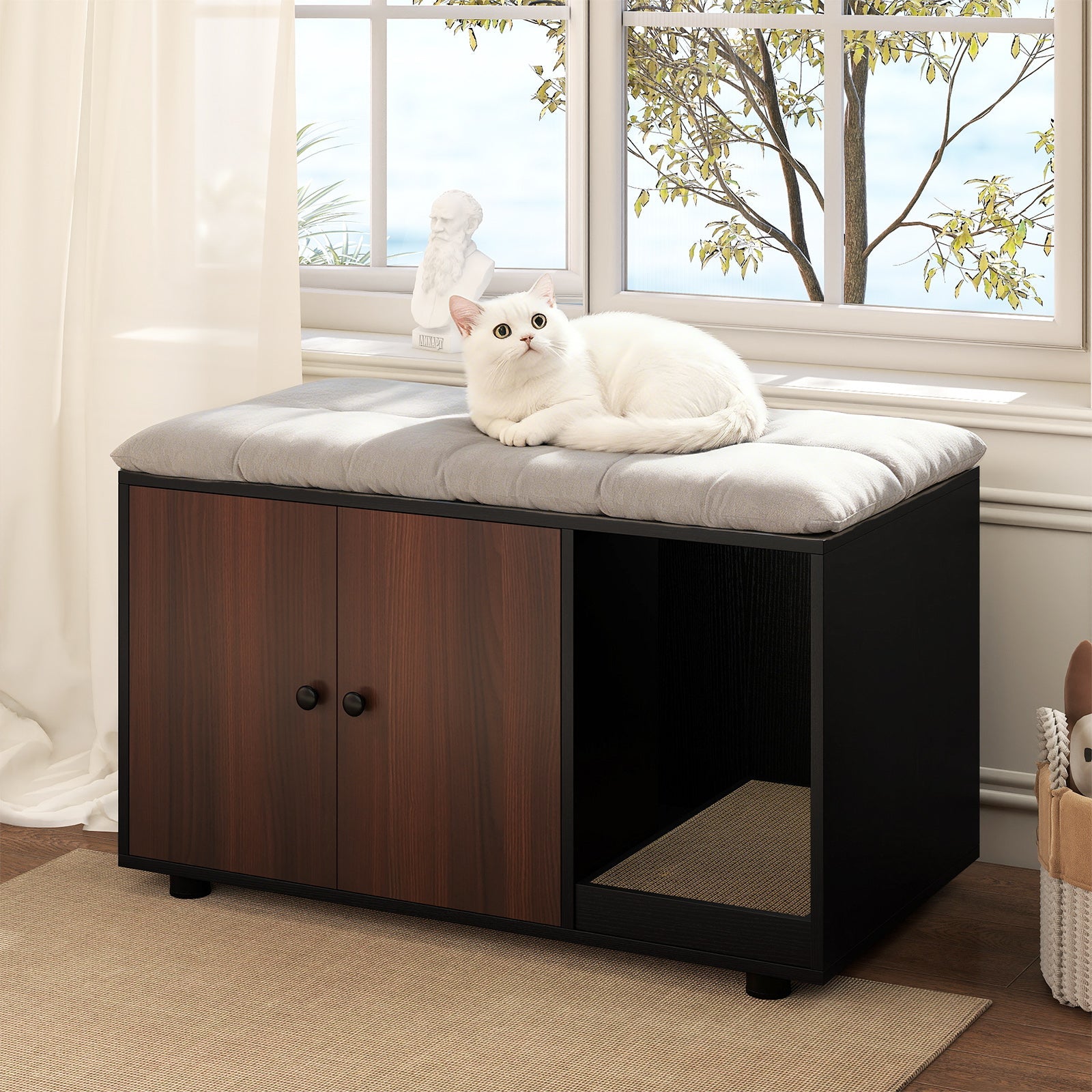 Wooden Cat Litter Box Enclosure Furniture with Scratching Board