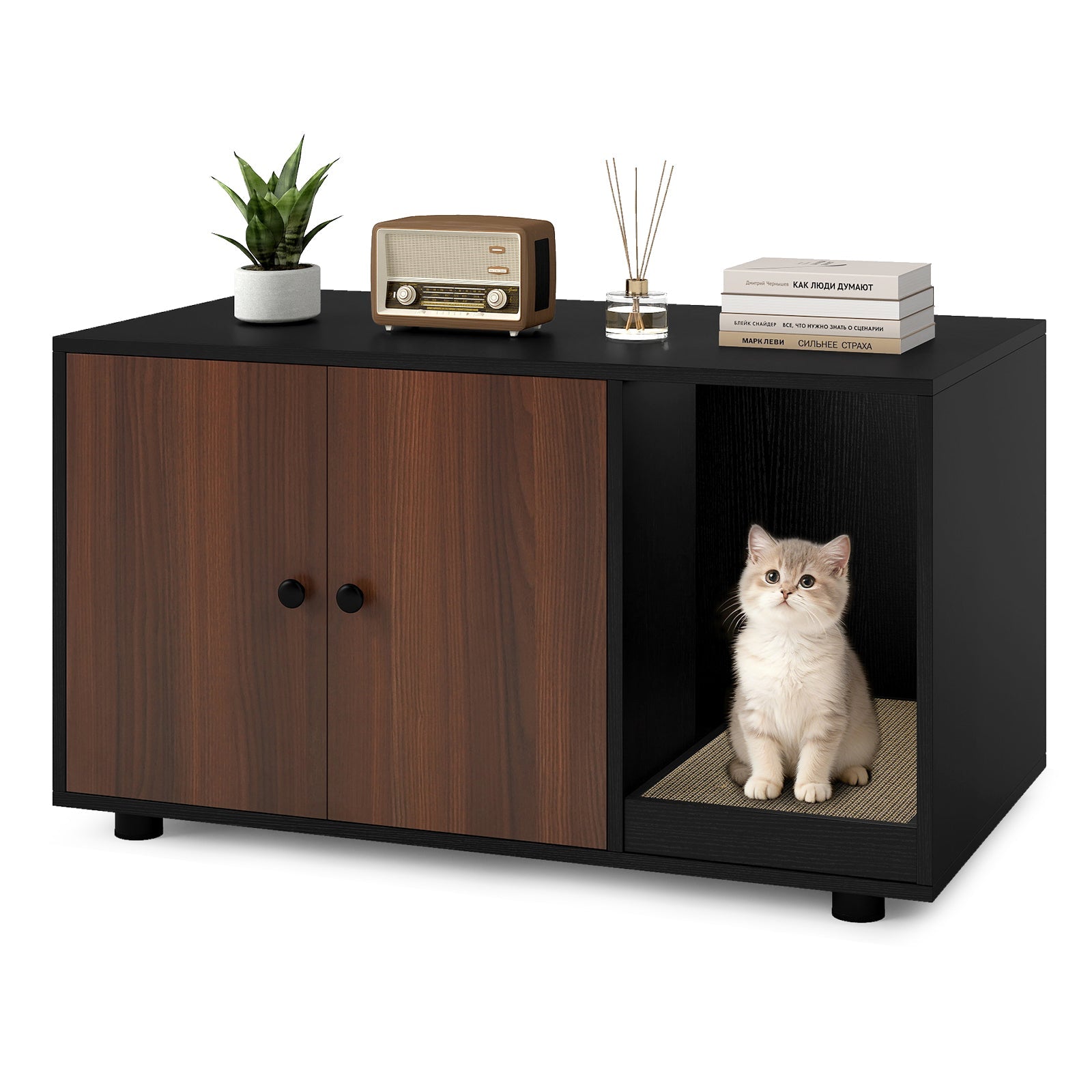 Wooden Cat Litter Box Enclosure Furniture with Scratching Board