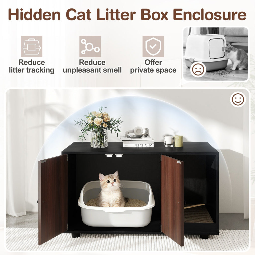 Wooden Cat Litter Box Enclosure Furniture with Scratching Board