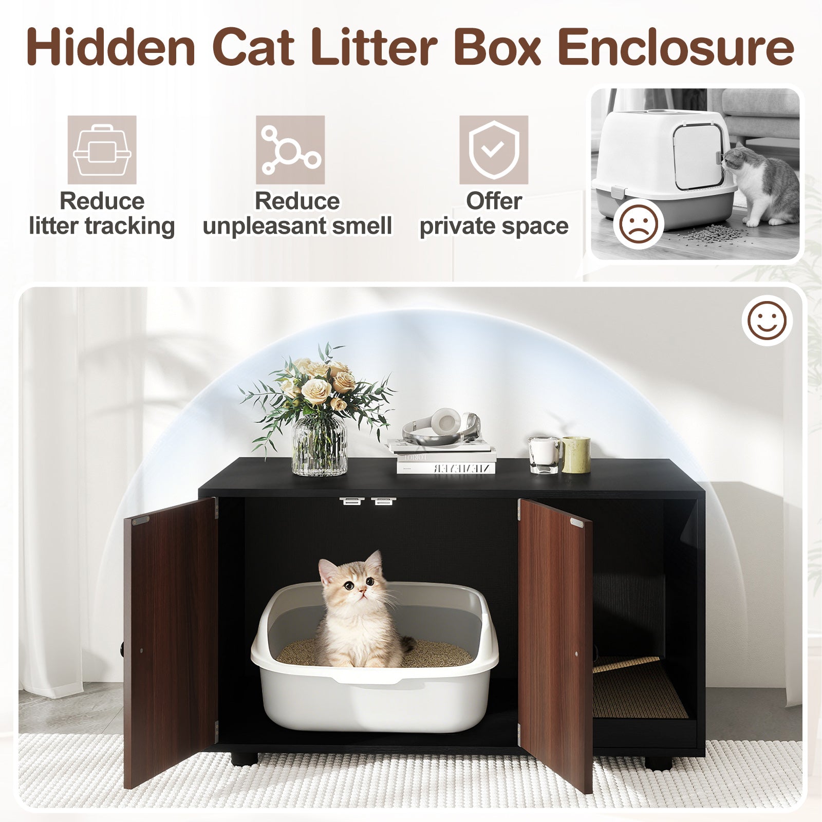 Wooden Cat Litter Box Enclosure Furniture with Scratching Board