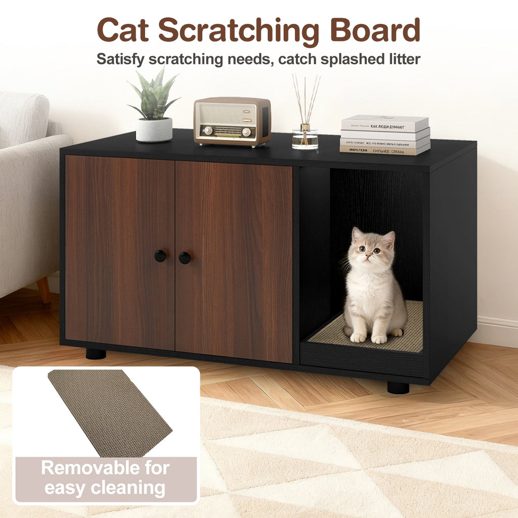 Wooden Cat Litter Box Enclosure Furniture with Scratching Board