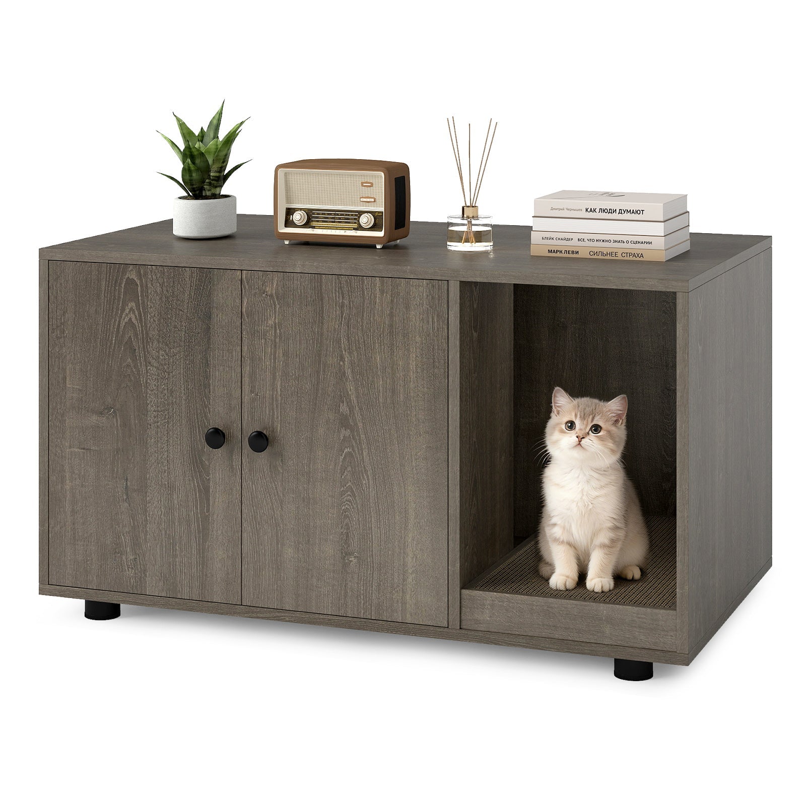 Wooden Cat Litter Box Enclosure Furniture with Scratching Board