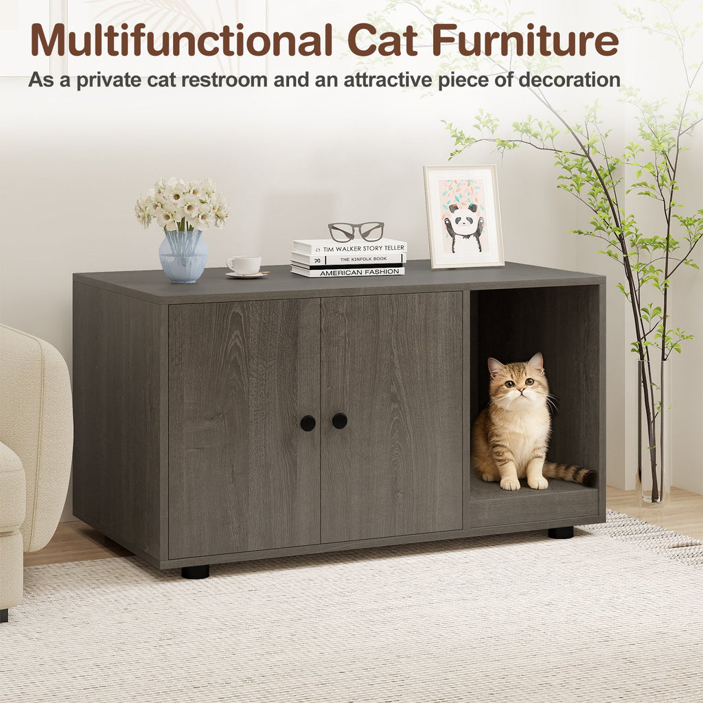 Wooden Cat Litter Box Enclosure Furniture with Scratching Board