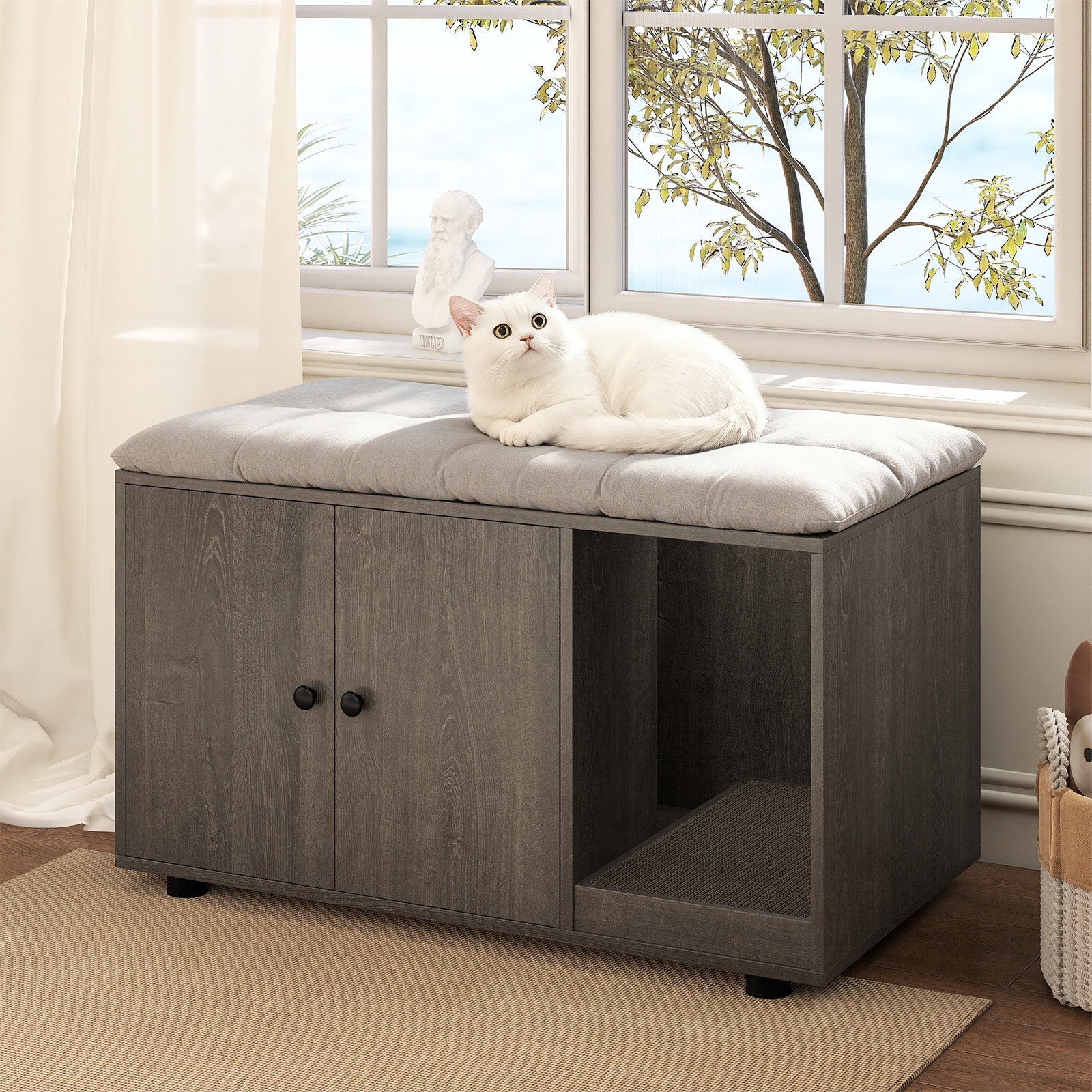 Wooden Cat Litter Box Enclosure Furniture with Scratching Board
