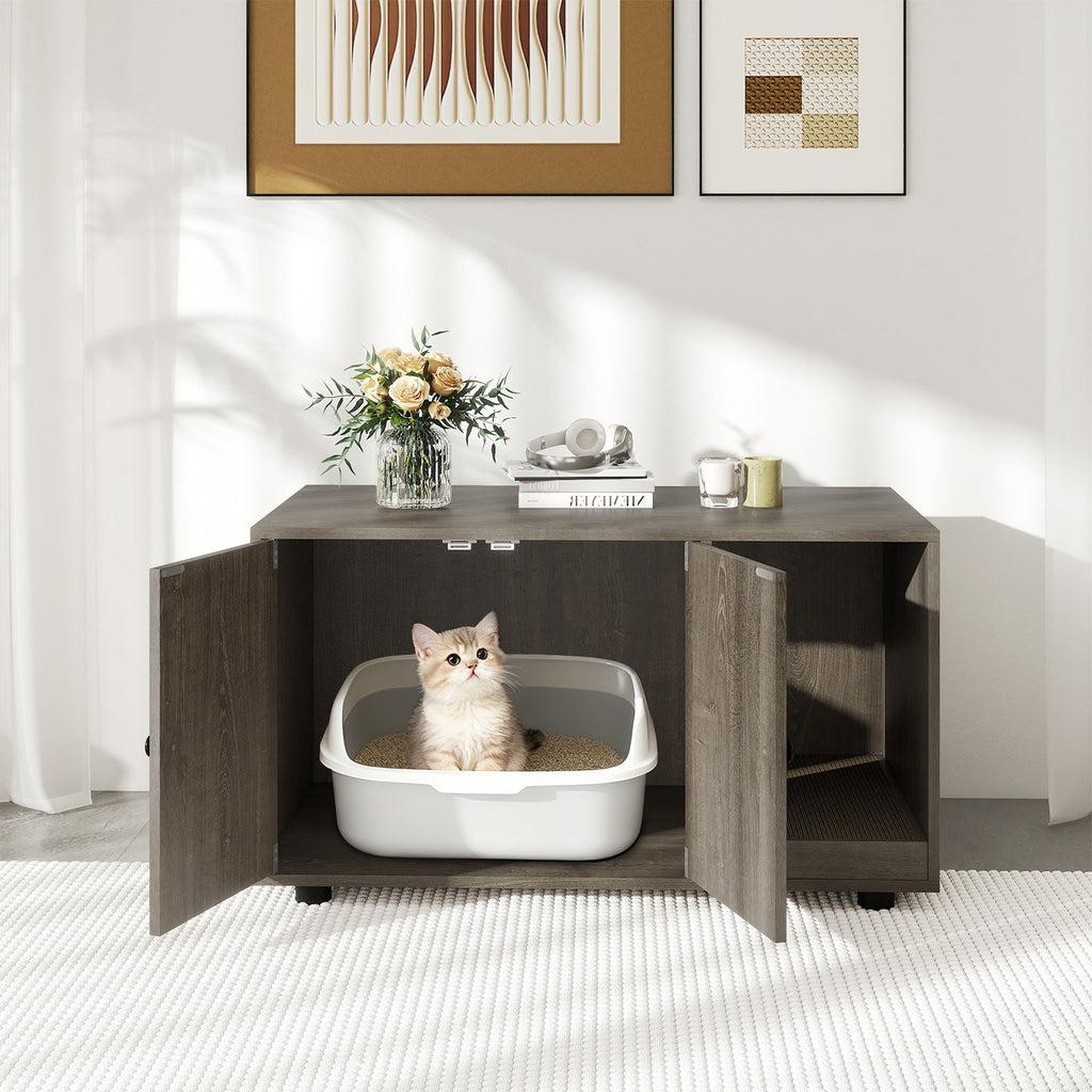 Wooden Cat Litter Box Enclosure Furniture with Scratching Board