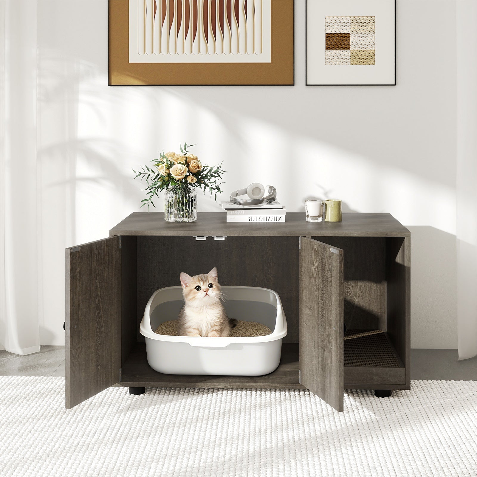 Wooden Cat Litter Box Enclosure Furniture with Scratching Board