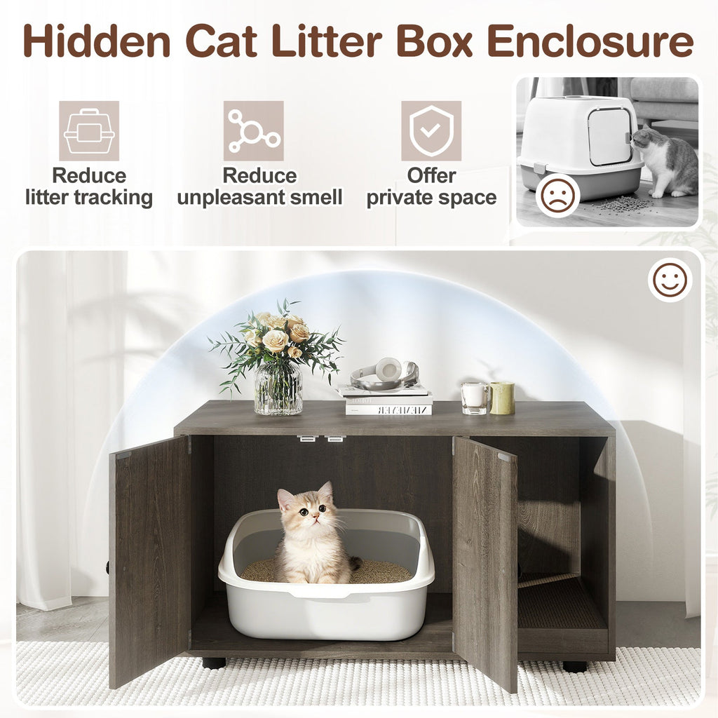 Wooden Cat Litter Box Enclosure Furniture with Scratching Board