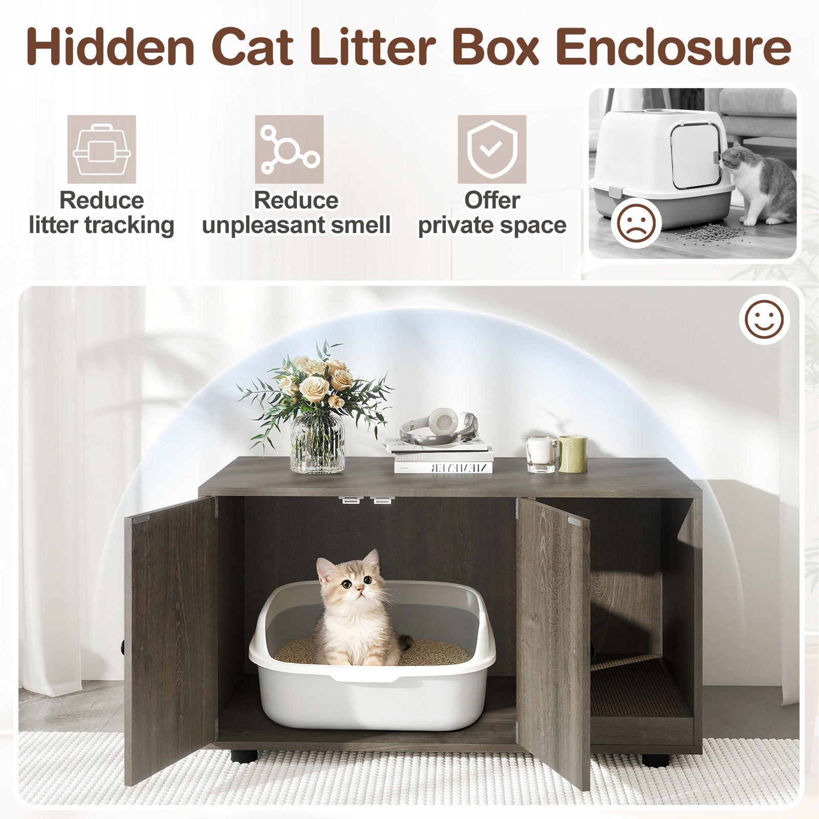 Wooden Cat Litter Box Enclosure Furniture with Scratching Board