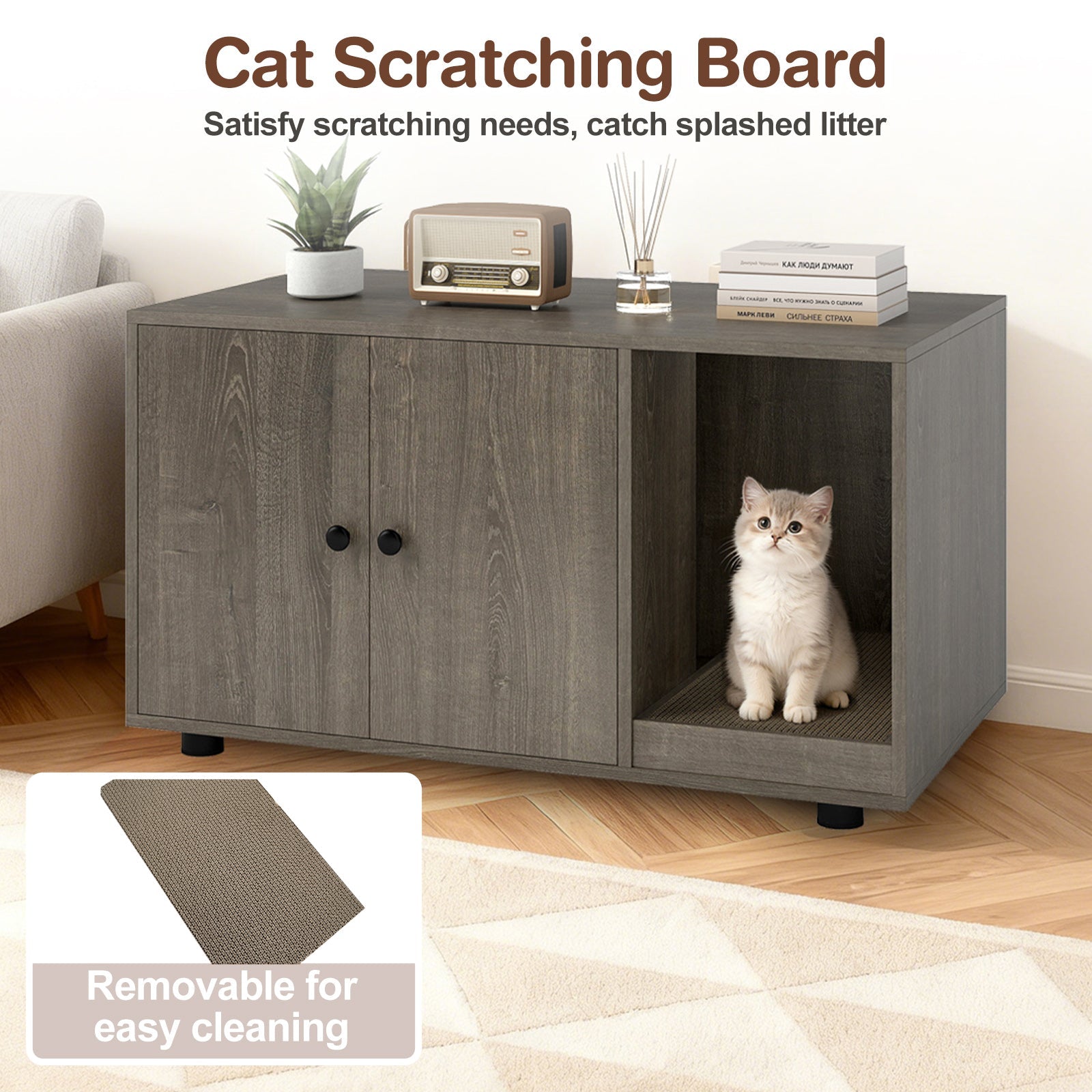 Wooden Cat Litter Box Enclosure Furniture with Scratching Board