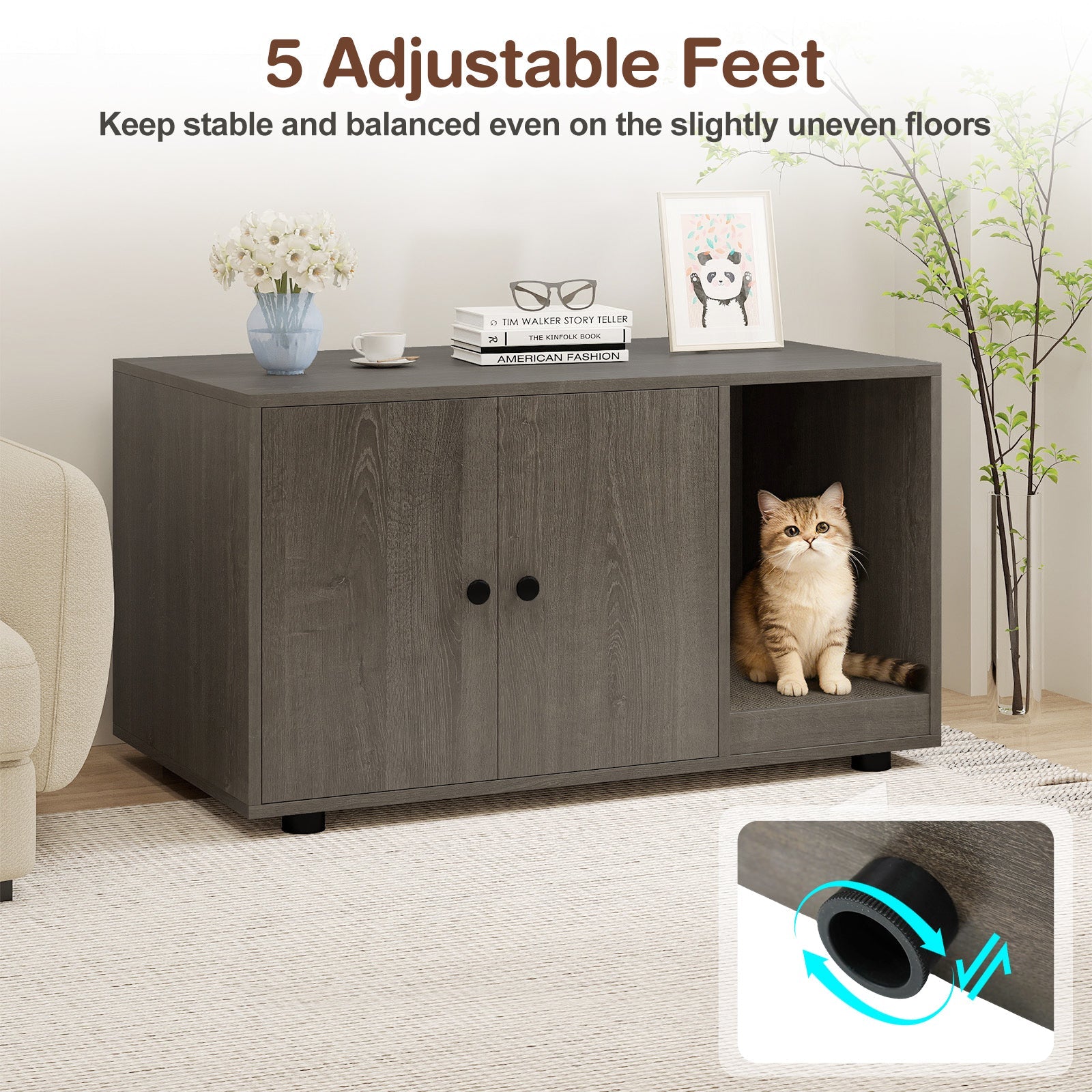 Wooden Cat Litter Box Enclosure Furniture with Scratching Board