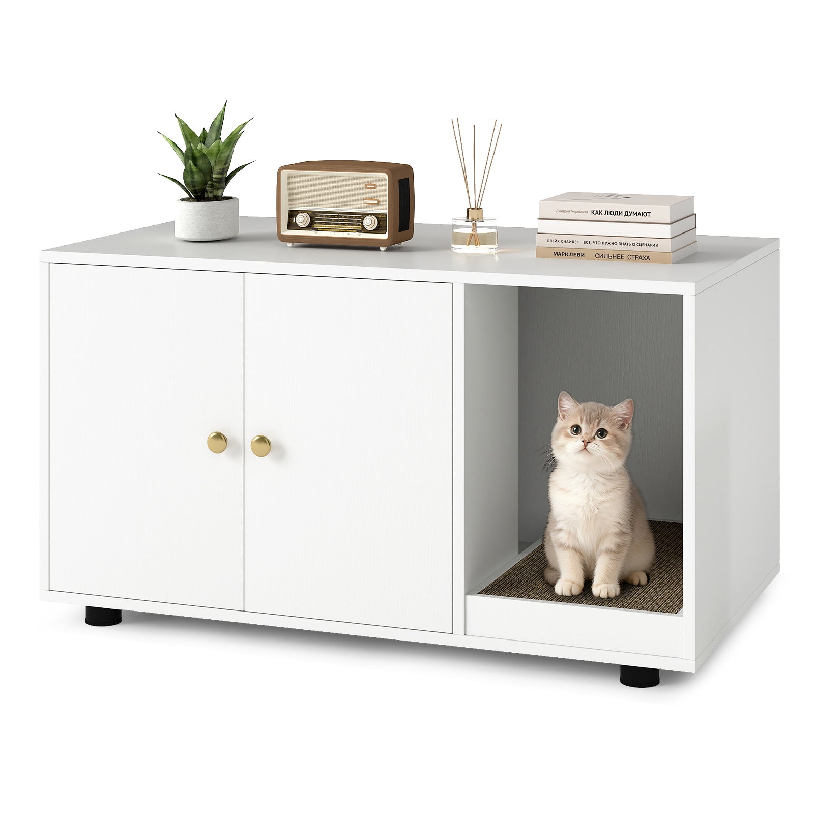 Wooden Cat Litter Box Enclosure Furniture with Scratching Board