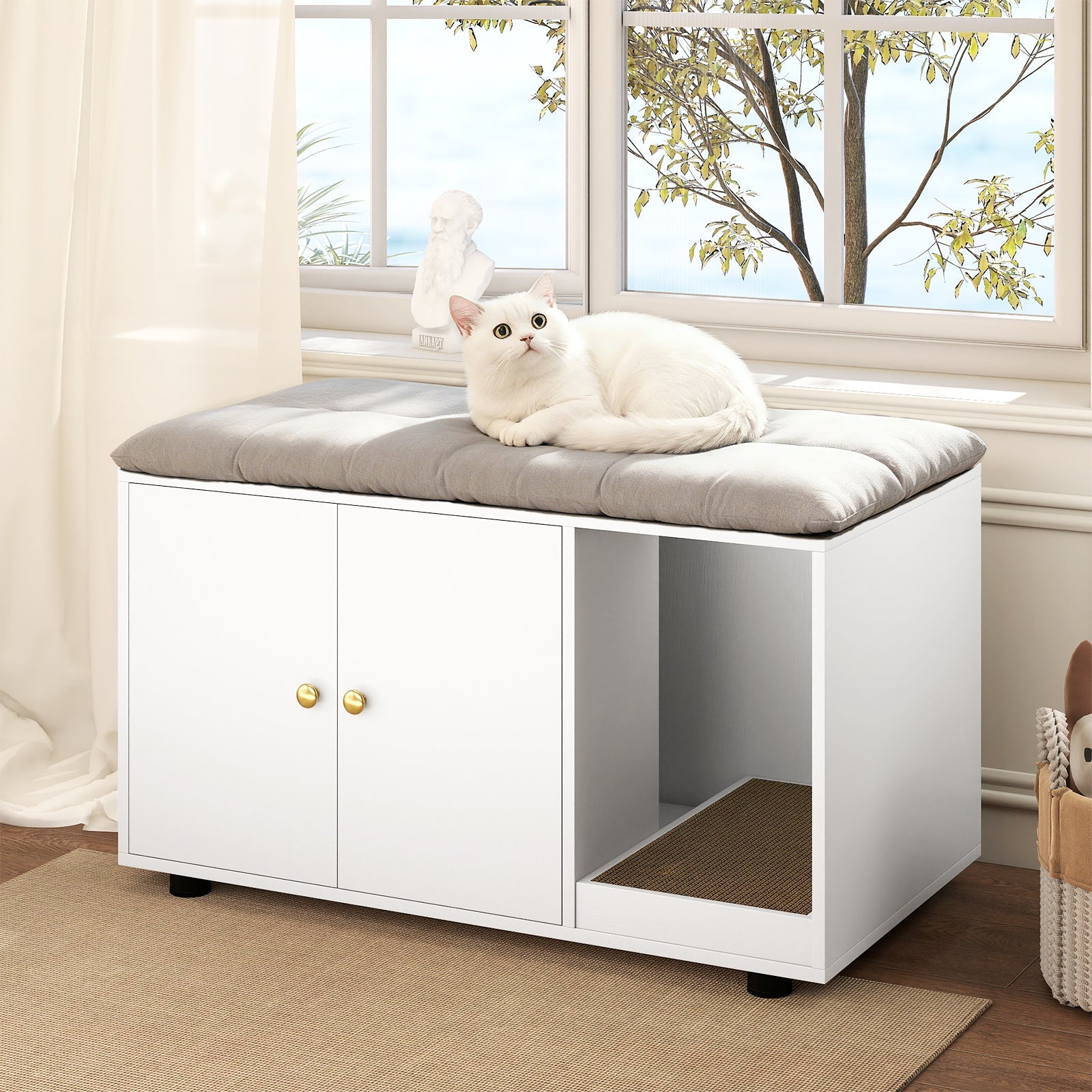 Wooden Cat Litter Box Enclosure Furniture with Scratching Board