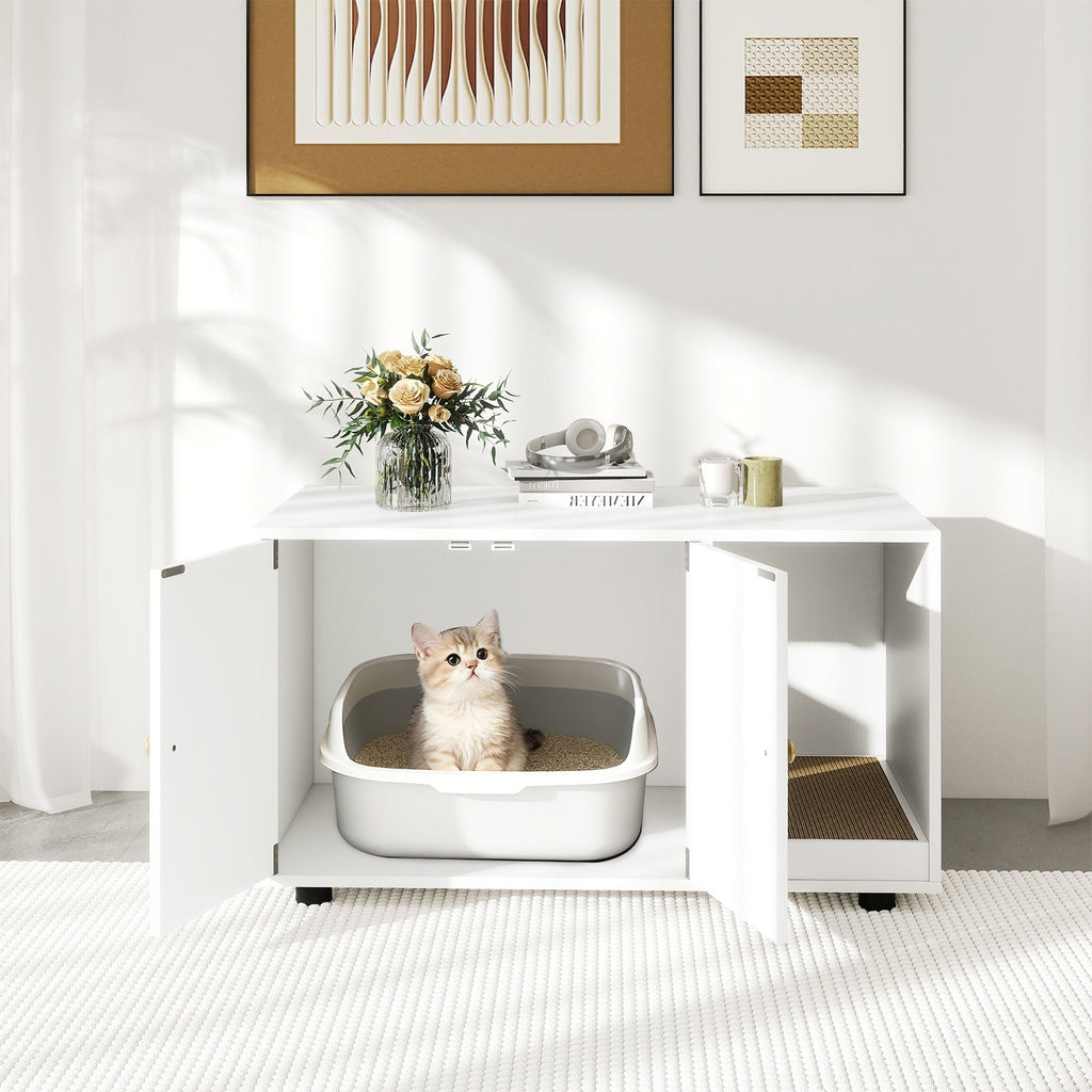 Wooden Cat Litter Box Enclosure Furniture with Scratching Board