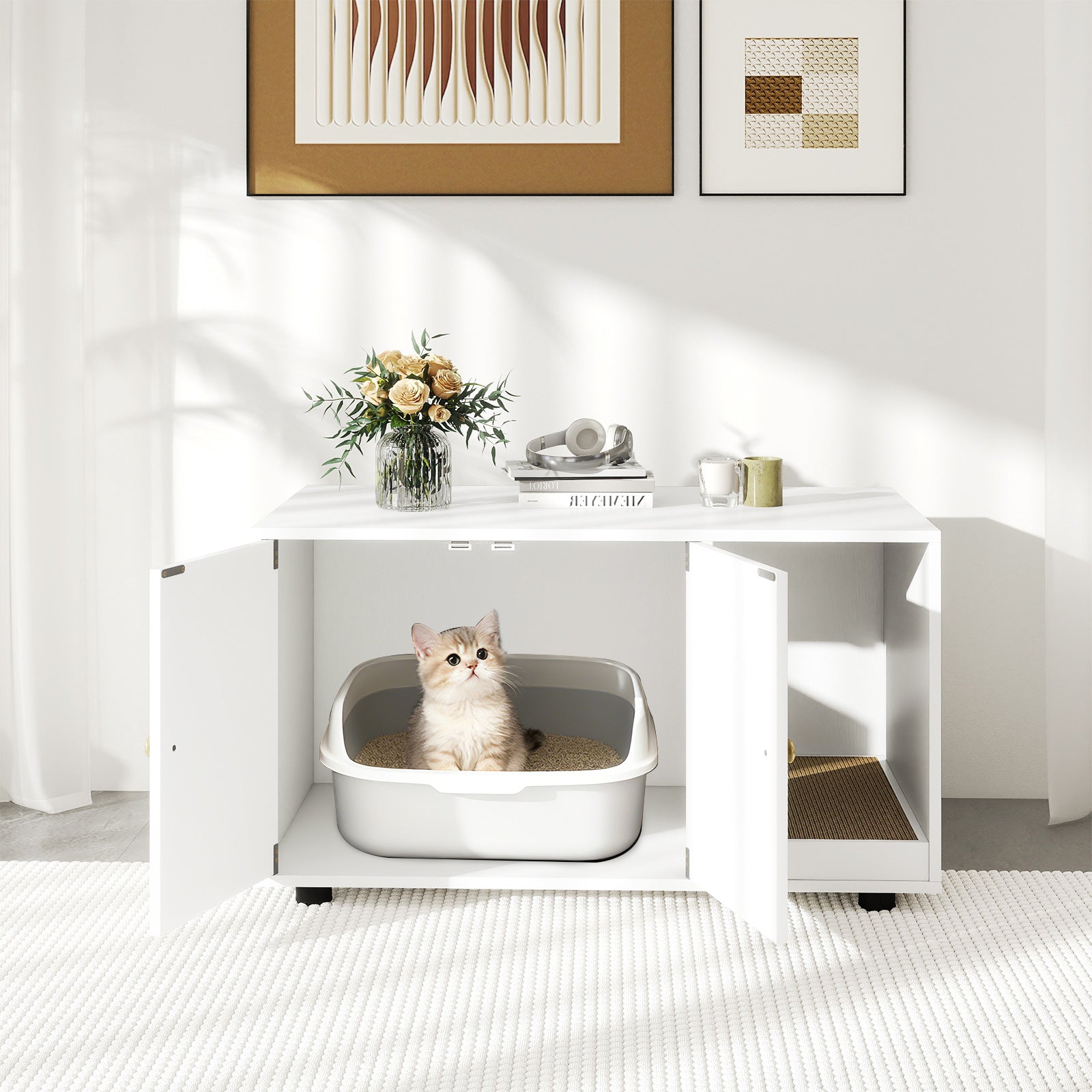 Wooden Cat Litter Box Enclosure Furniture with Scratching Board