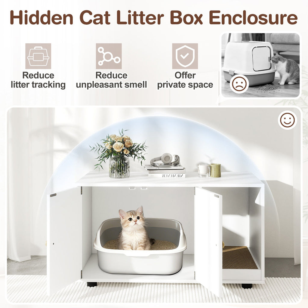 Wooden Cat Litter Box Enclosure Furniture with Scratching Board