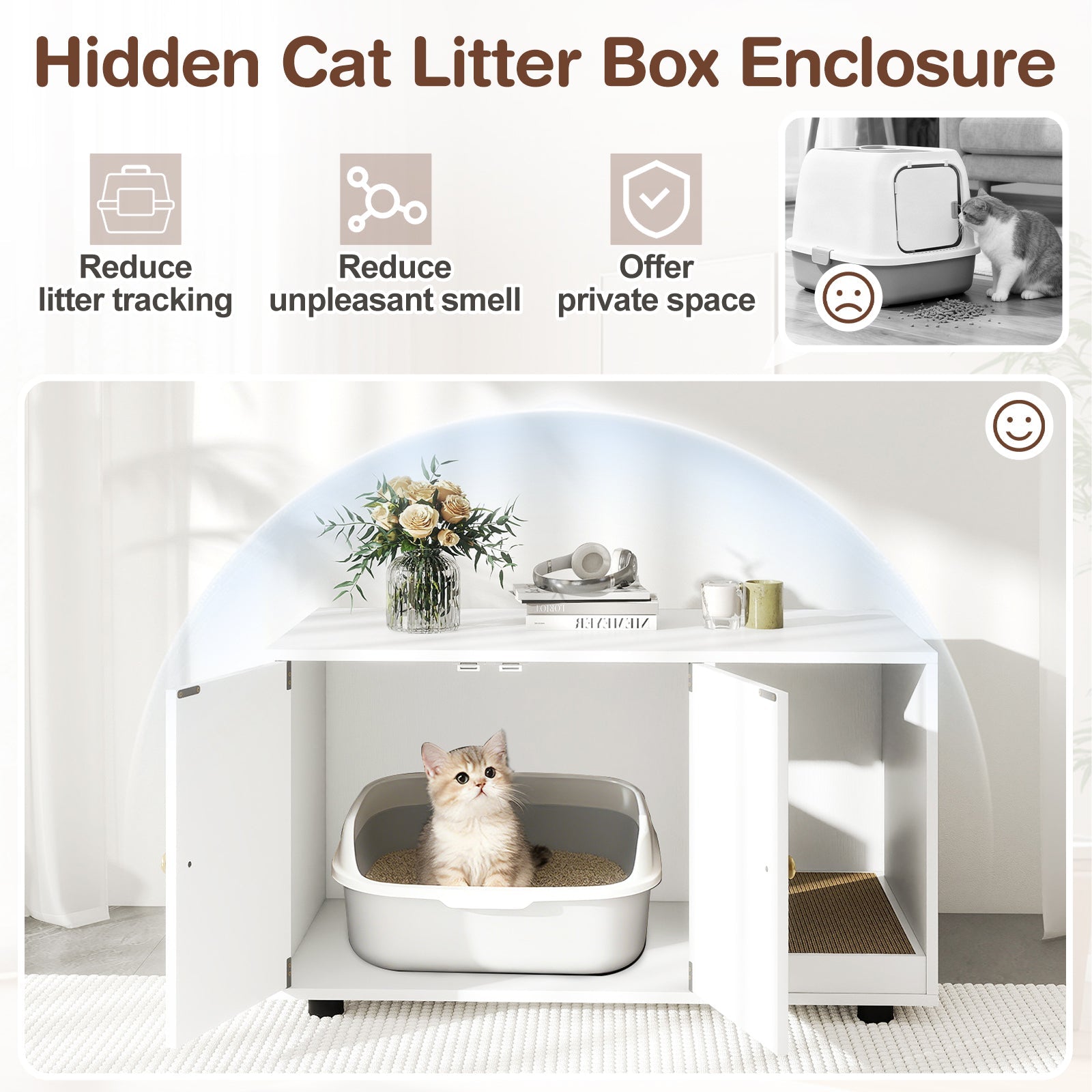 Wooden Cat Litter Box Enclosure Furniture with Scratching Board