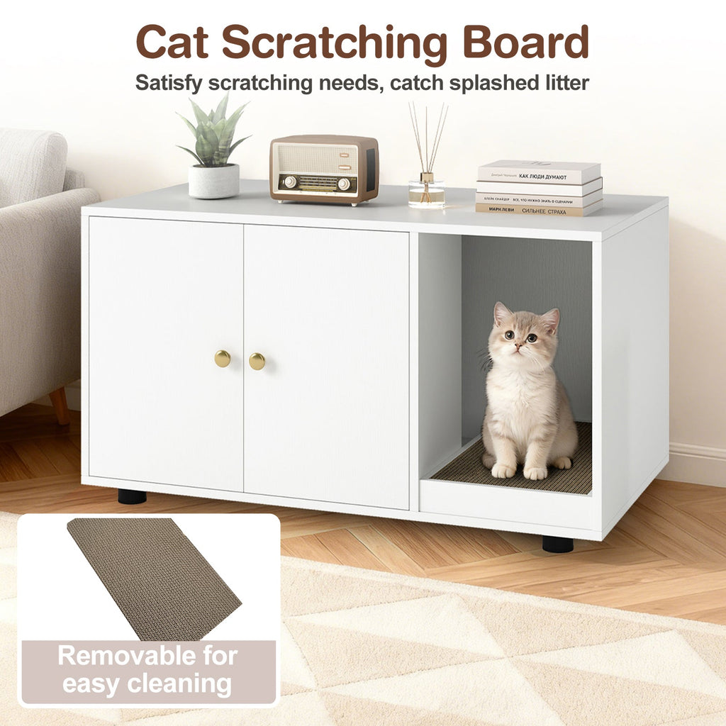 Wooden Cat Litter Box Enclosure Furniture with Scratching Board