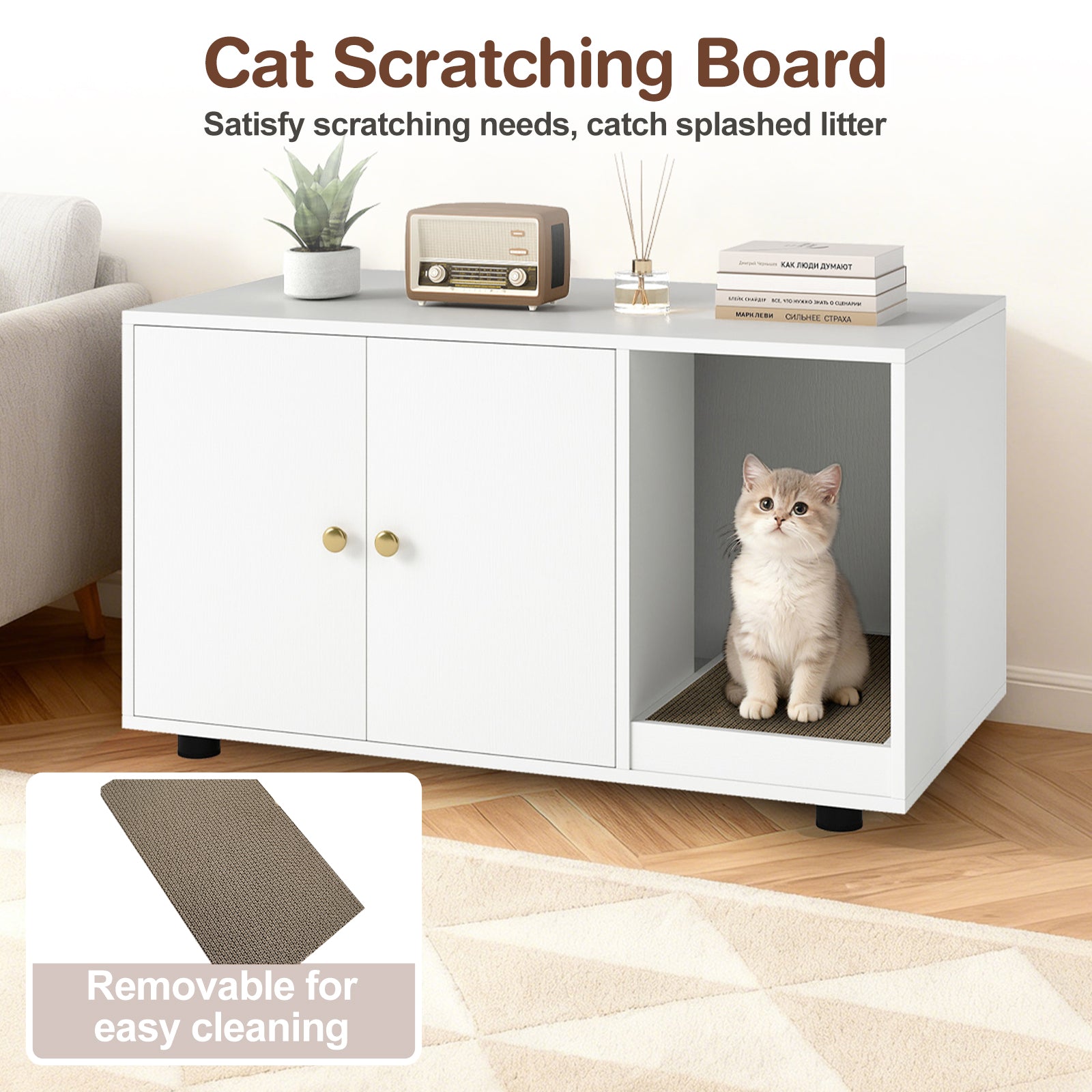 Wooden Cat Litter Box Enclosure Furniture with Scratching Board