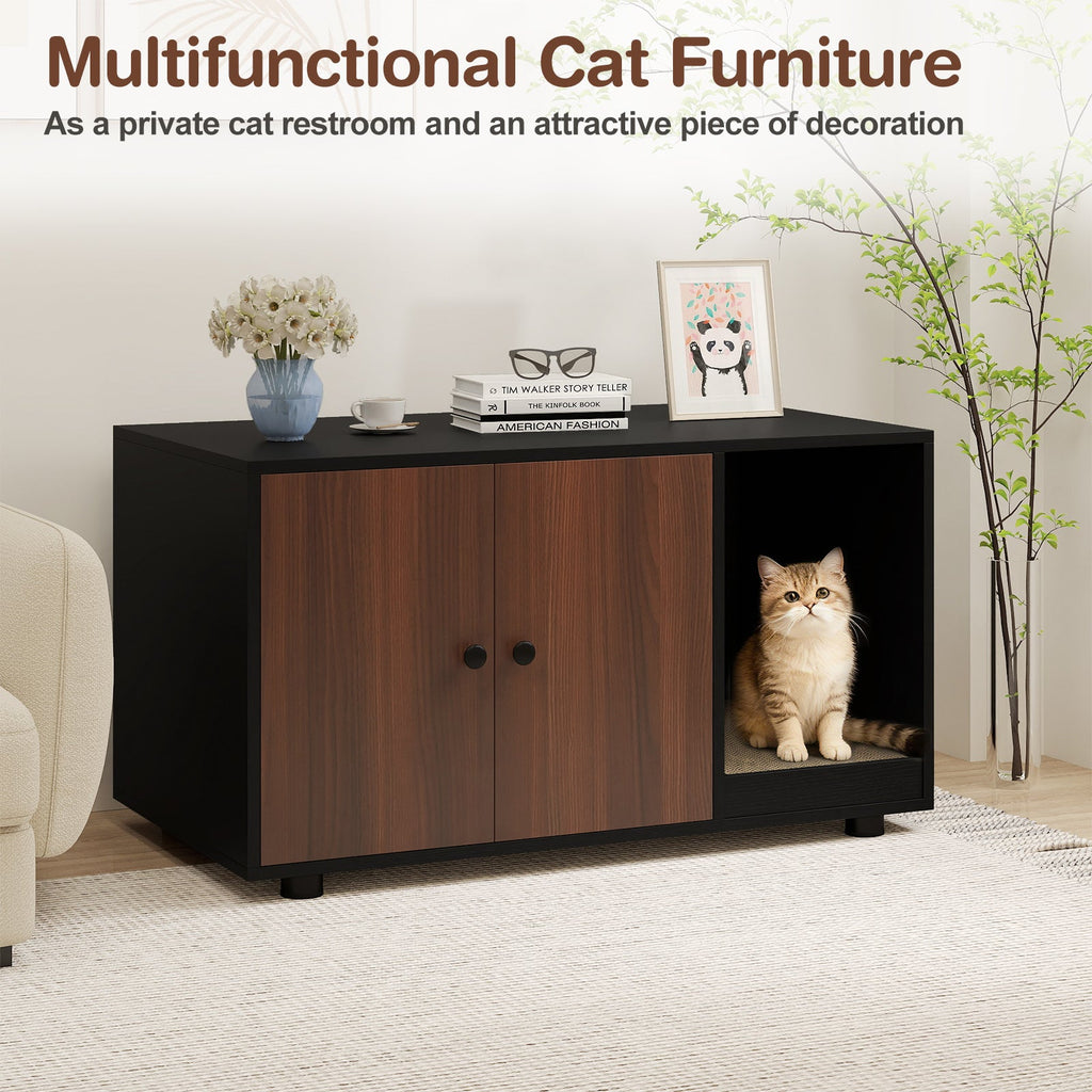 Wooden Cat Litter Box Enclosure Furniture with Scratching Board