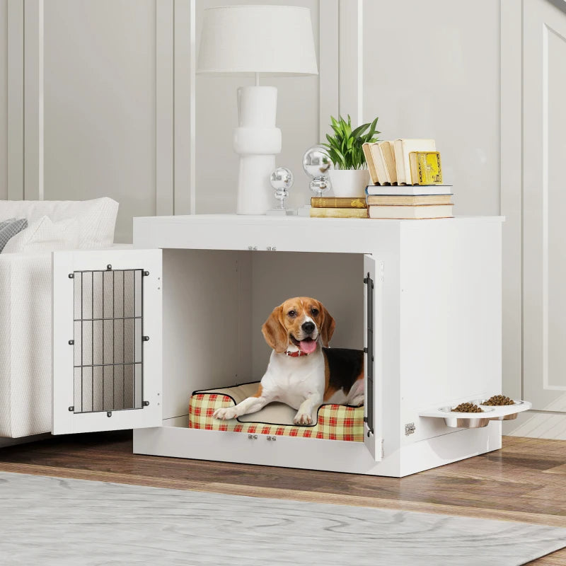 PawHut Dog Crate Furniture With 360 Rotatable Removable Dog Bowls,