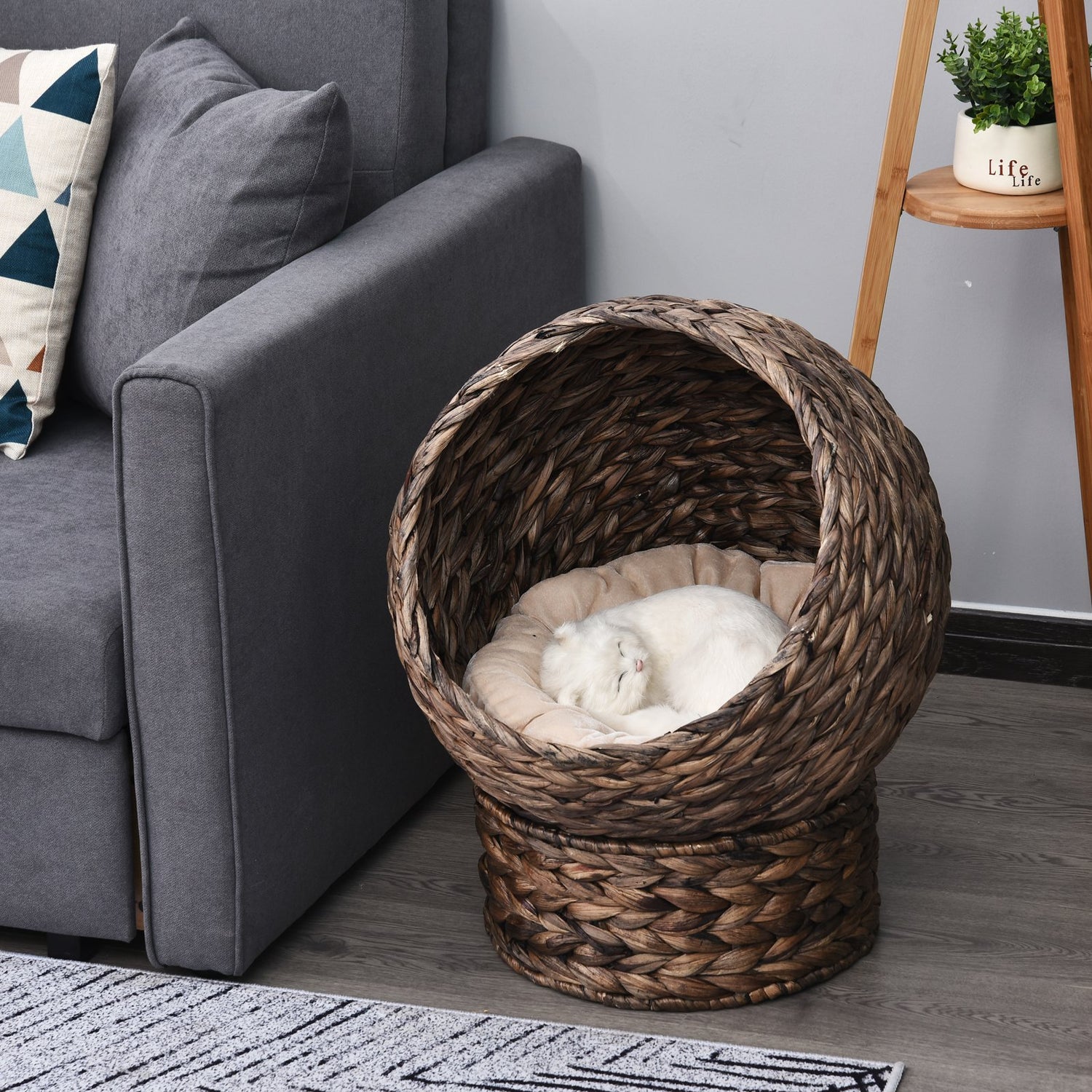 Handwoven Elevated Cat Bed with Rotating Basket and Soft Cushion,