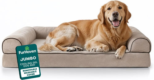 Cooling Gel Dog Bed for Large Dogs W/ Removable Bolsters & Washable Cover, for Dogs up to 95 Lbs - Sherpa & Chenille Sofa - Cream, Jumbo/Xl
