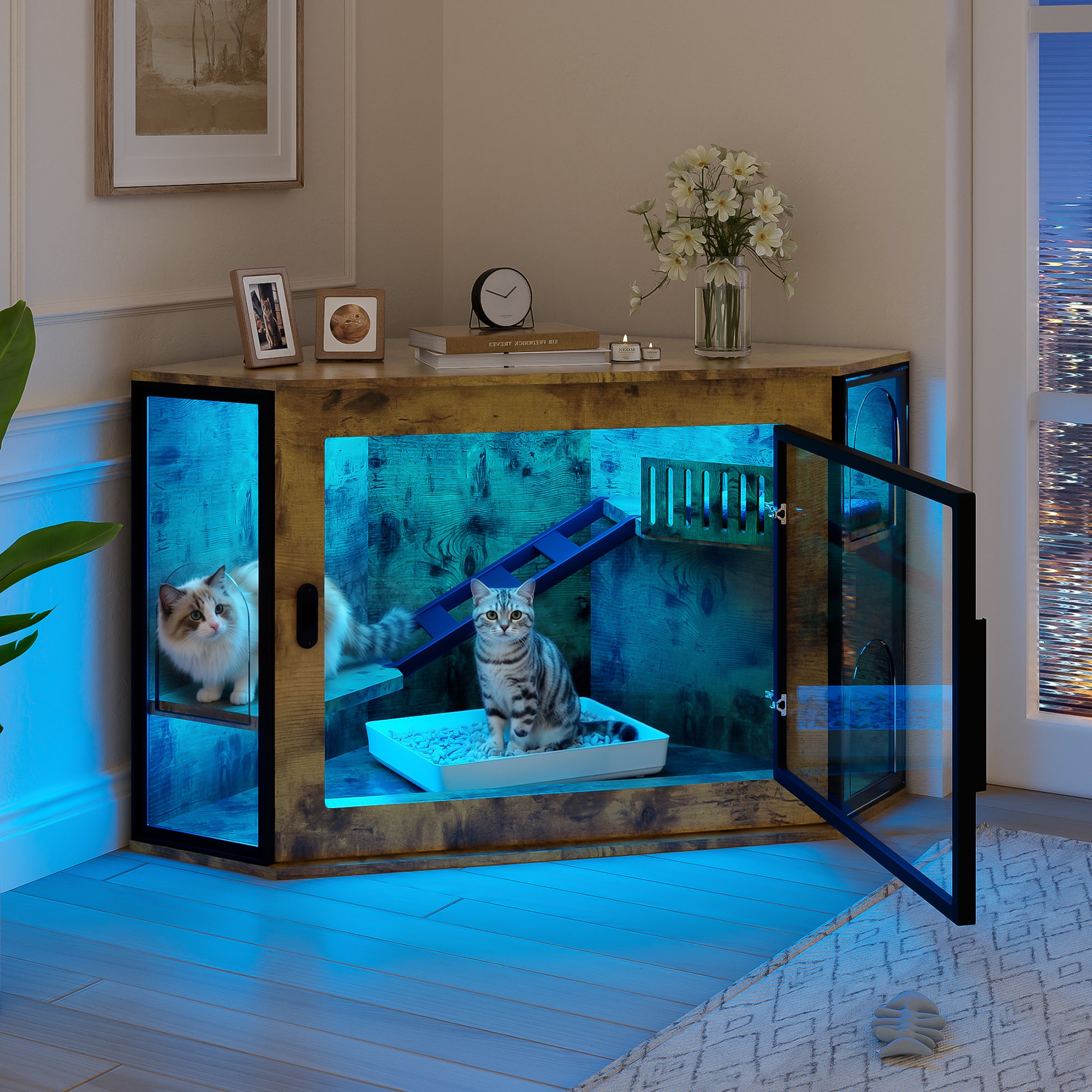 48 Corner Cat Litter Box Enclosure, Modern Hidden Litter Box Corner Cabinet With Acrylic Door And LED Light, Cat House With Playground And Stairs, Tiger