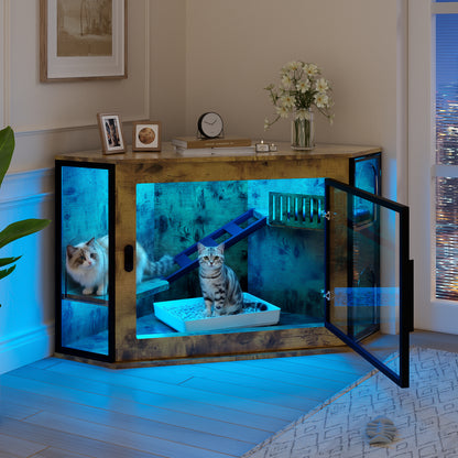 48 Corner Cat Litter Box Enclosure, Modern Hidden Litter Box Corner Cabinet With Acrylic Door And LED Light, Cat House With Playground And Stairs, Tiger