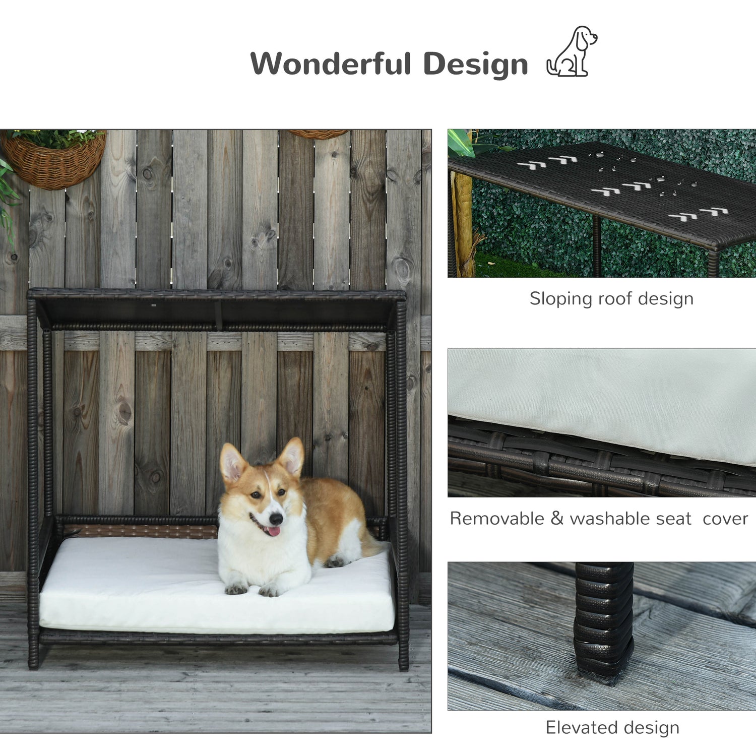 Wicker Dog House Raised Rattan Puppy Bed Cat Shelter for Indoor Outdoor Garden Patio Pet Sofa with Removable Cushion for Medium Sized Pet Brown