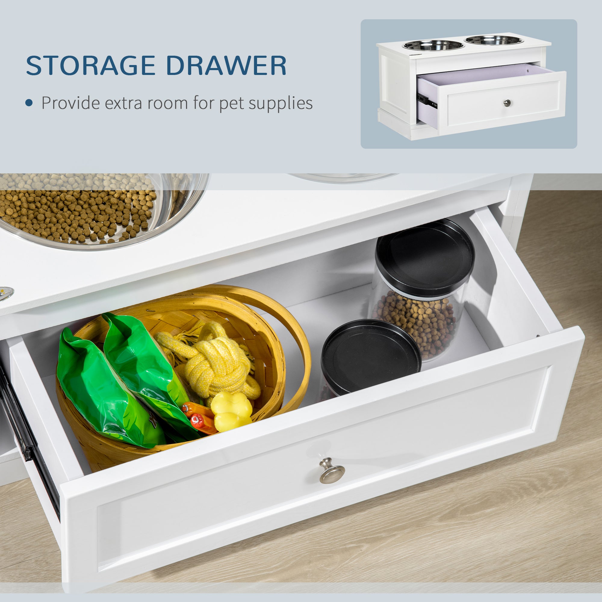 Large Elevated Dog Bowls with Storage Drawer Containing