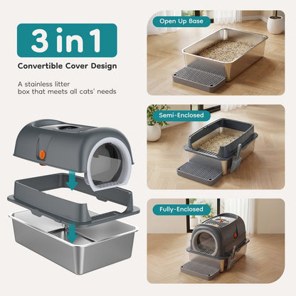 Double-entry Convertible Lid Cat Litter Box