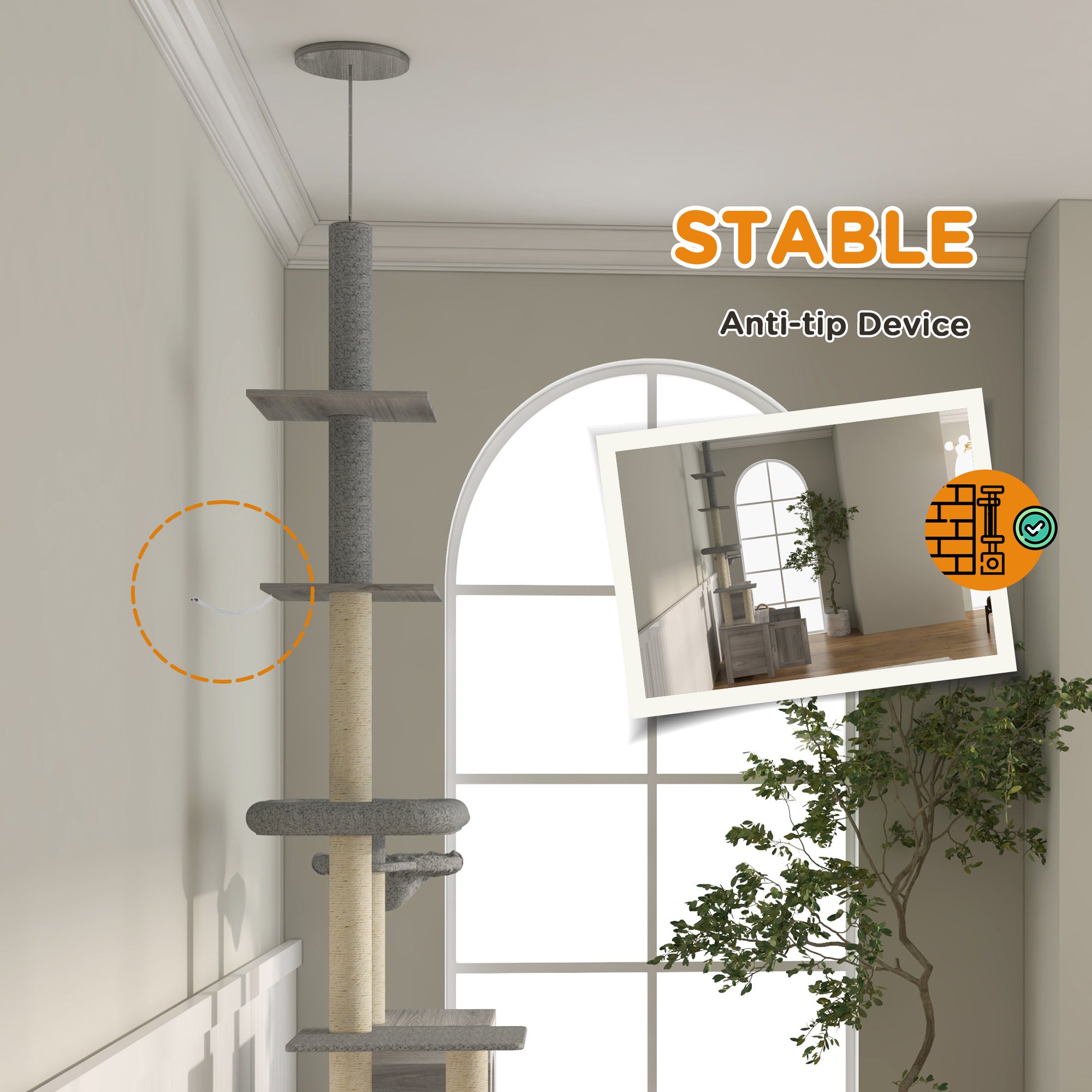 2 in 1 Floor to Ceiling Cat Tree with Litter Box Enclosure, Condo, Bed, Hammock, Scratching Posts, and Platforms, Gray