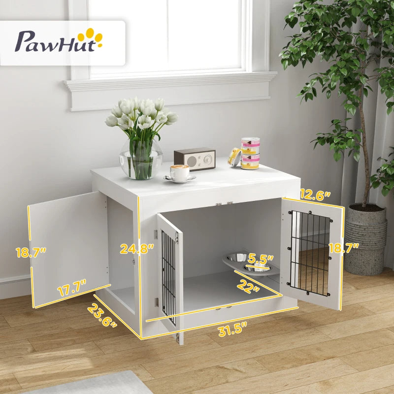 PawHut Dog Crate Furniture With 360 Rotatable Removable Dog Bowls,
