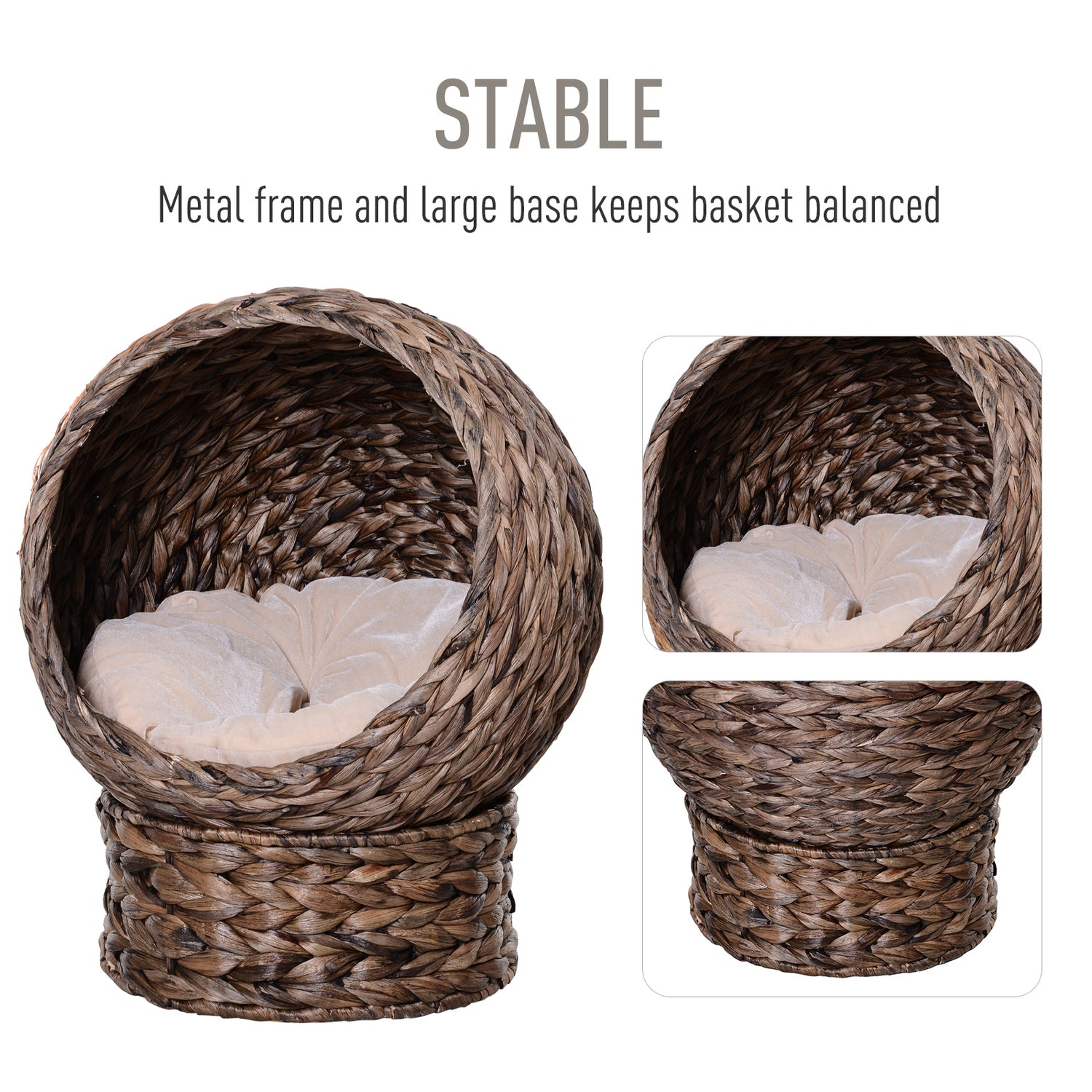 Handwoven Elevated Cat Bed with Rotating Basket and Soft Cushion,