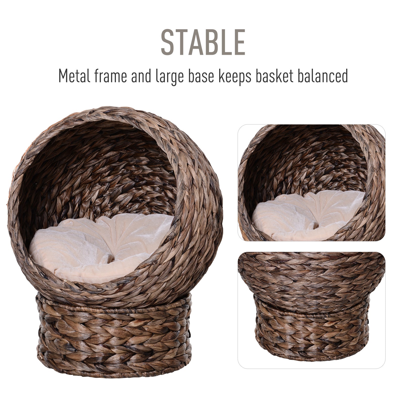 Handwoven Elevated Cat Bed with Rotating Basket and Soft Cushion,